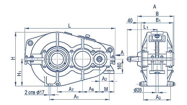 Габаритные и присоединительные размеры редуктора ГПШ-500