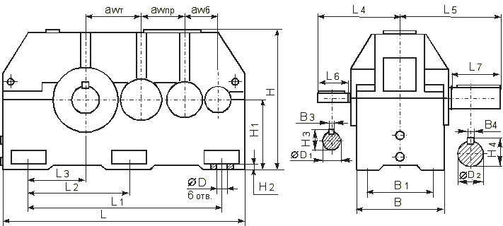 Габаритные и присоединительные размеры редукторов 1Ц3У-400Н