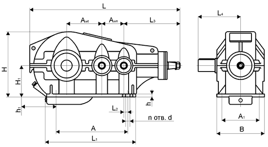 Габаритные и присоединительные размеры редуктора КЦ2-1300